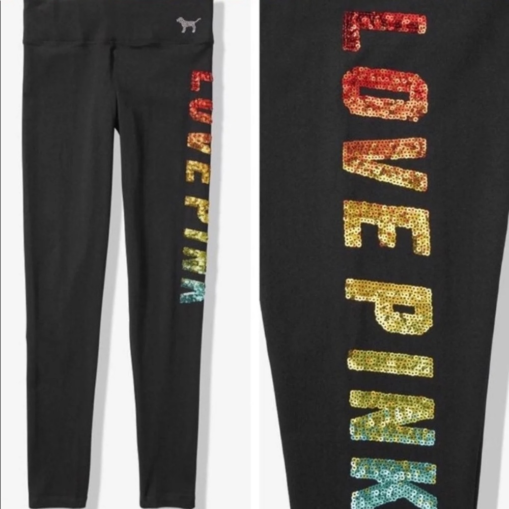 Victoria’s Secret Pink Womens Logo Bling Rainbow Leggings - Picture 1 of 3
